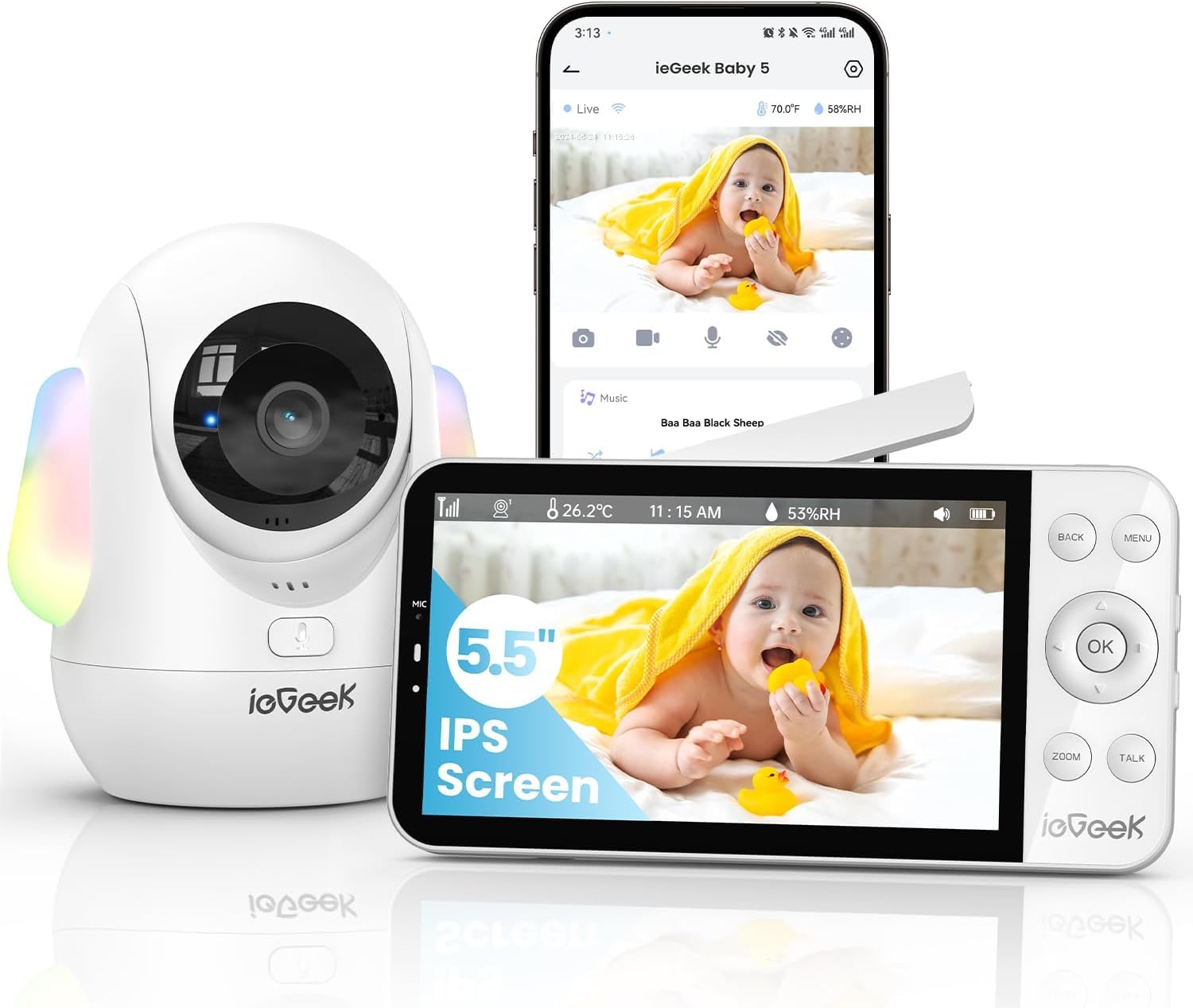 ieGeek 5.5" 2.5K/4MP Camara Vigilancia Bebe WiFi, Alerta de Cara Tapada y Dormir Boca Abajo, Colorida Luz Nocturna, 360° Seguimiento Movimiento Vigilabebes con Camara, VOX, Compatible Echo