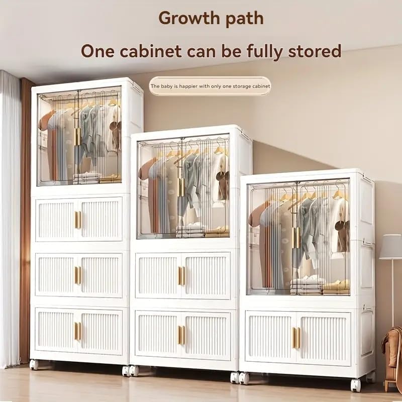 Image of Plastic Wardrobe for Cloths | 4 Layer Stackable Almirah with Hanging Rod, Transparent Doors, Wheels | Foldable Storage Cabinet Organizer for Clothes /Books /Toys