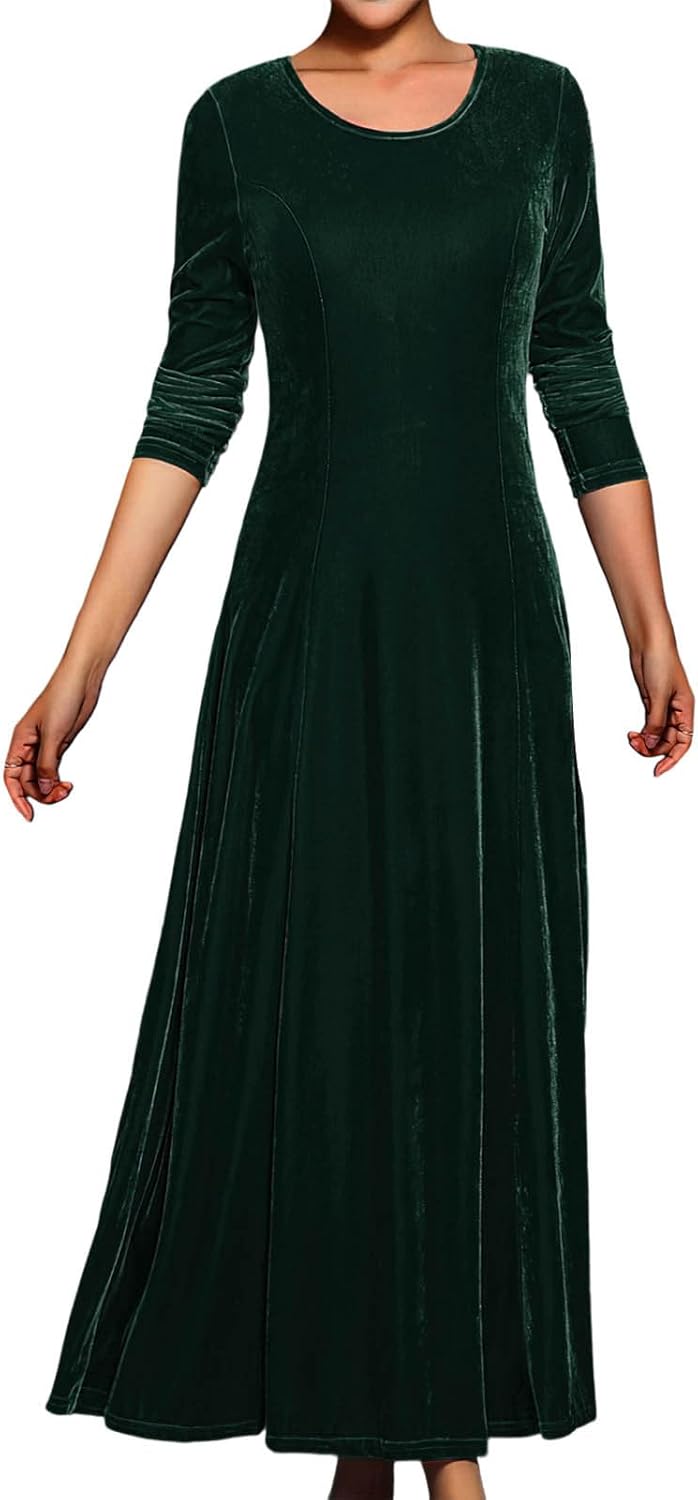 Plain Velvet 3/4 Dress for Women Crew Neck Velour Elegant Dresses High Elastic Ankle Length Gowns Classic Gown