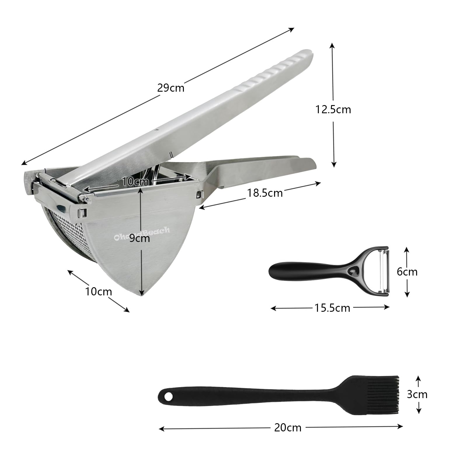OhanaBeach® Schiacciapatate professionale in acciaio inox. Manico in acciaio spesso. Per schiacciare patate, verdure e frutta。passatelli attrezzo。schiacciapatate acciaio inox。kartoffelpresse