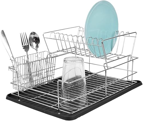 Home Basics Estante de secado de platos de 2 niveles para encimera de cocina y tabla de drenaje (negro) – Soporte para cubiertos, se adapta a platos