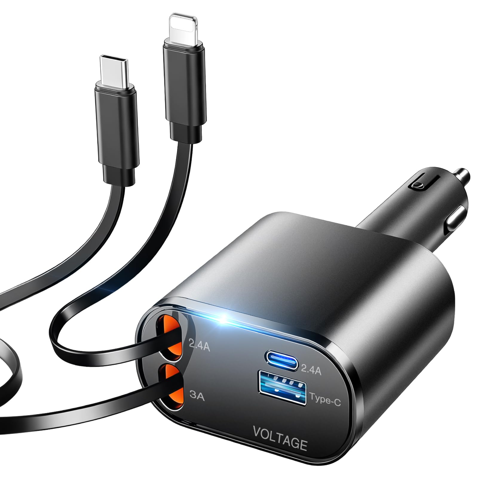 車 充電器【2026 年新型 PD100W】巻き取り式 シガーソケット USB C カーチャージャー 4in1 多ポート 4 台同時急速充電 DC12V・24V 汎用車載充電器 iPhone/MacBook/Android/iPad 全機種対応 しがーソケット usb 小型コンパクトカー用品