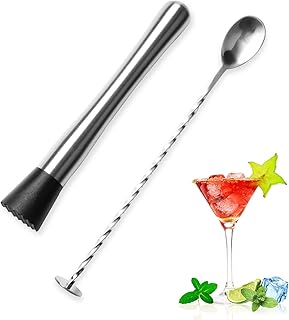 10 Inch Stainless Steel Cocktail Muddler and Mixing Spoon, Home Bar Tool Bartender Set for Cocktails Mojitos Ice Margaritas Mint & Fruit Drinks, Silver, 10x4x1.5 inch