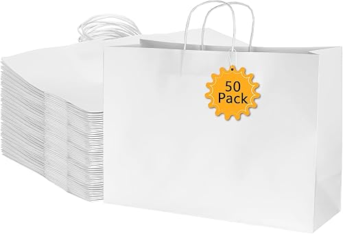 BLEWINDZ 50 bolsas de regalo blancas a granel de tamaño grande de 16 x 6 x 12 pulgadas, bolsas de papel kraft con asas, bolsas de compras para