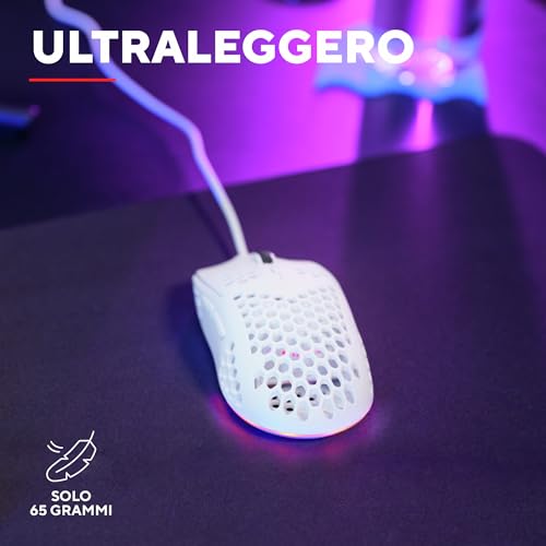 GXTrust 928W Helox Mouse Gaming Superleggero 65g con Filo, Regolazione DPI 200-6400 Sensore Ottico, 6 Pulsanti Programmabili, Illuminazione RGB, Mouse da Gaming per PC Desktop Laptop, Bianco - Mouse gaming - Immagine 2