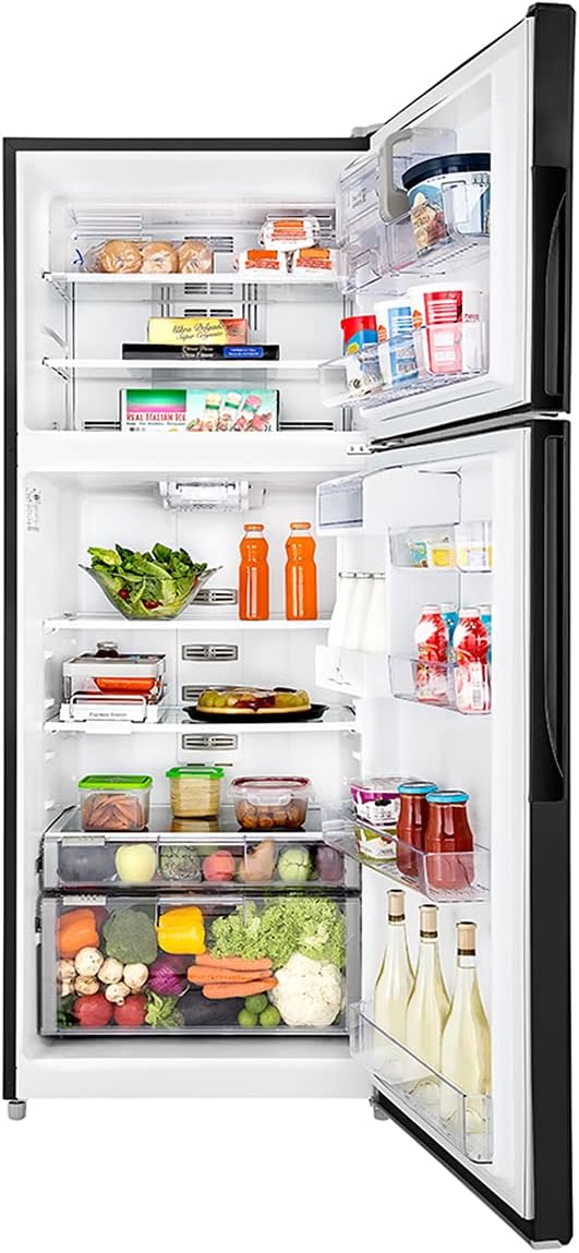 Interior view of the MABE RMS510ICMRP0 refrigerator, demonstrating various food items stored on shelves, in door bins, and crisper drawers.