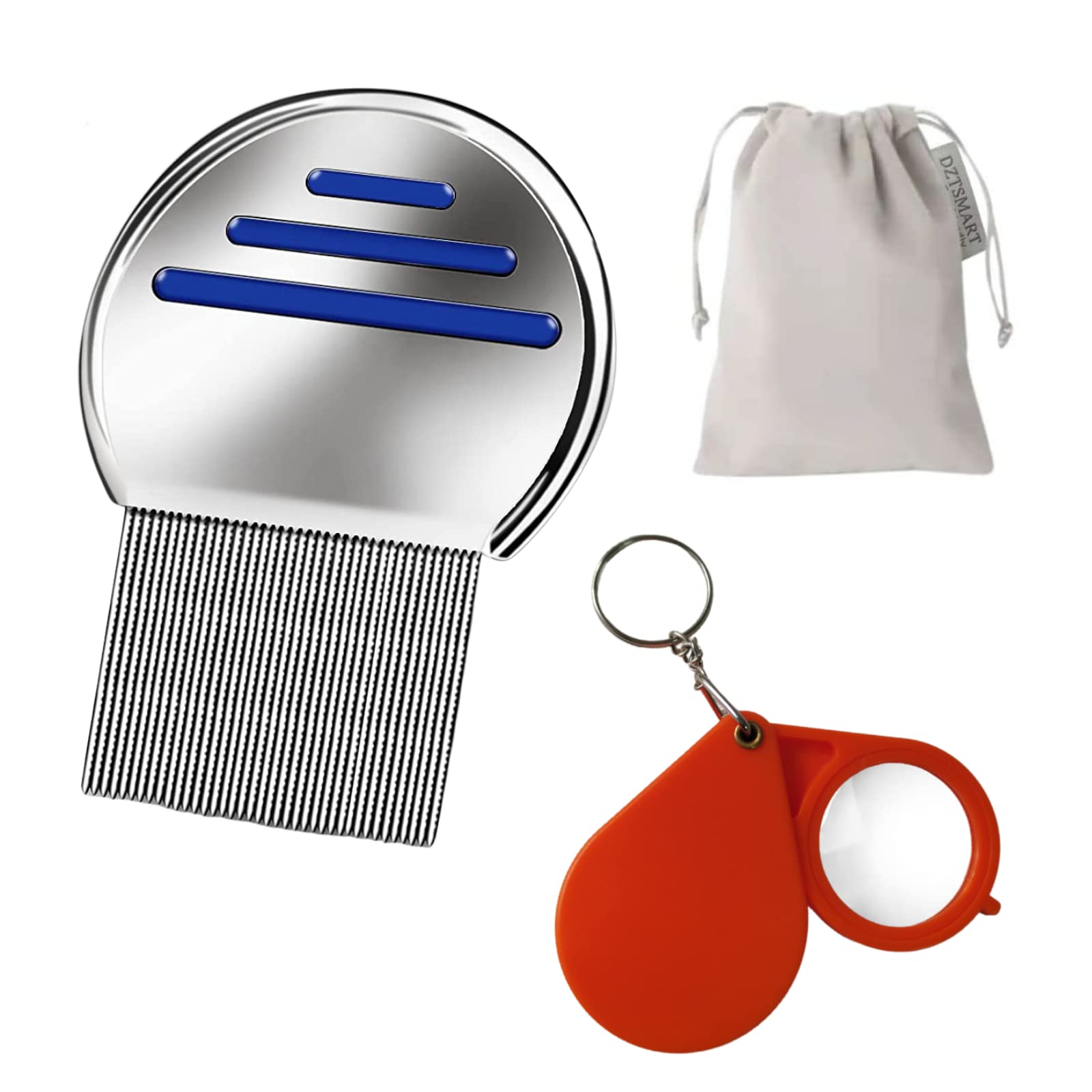 DZTSMARTLice Comb Dust Set, Flea Comb Made of Stainless Steel Lice Comb Lausinator Nit Comb, Eggs and Nits - for Children Pets and Adults with 10 x Key Ring Magnifying Glass, Storage Bag (Blue)