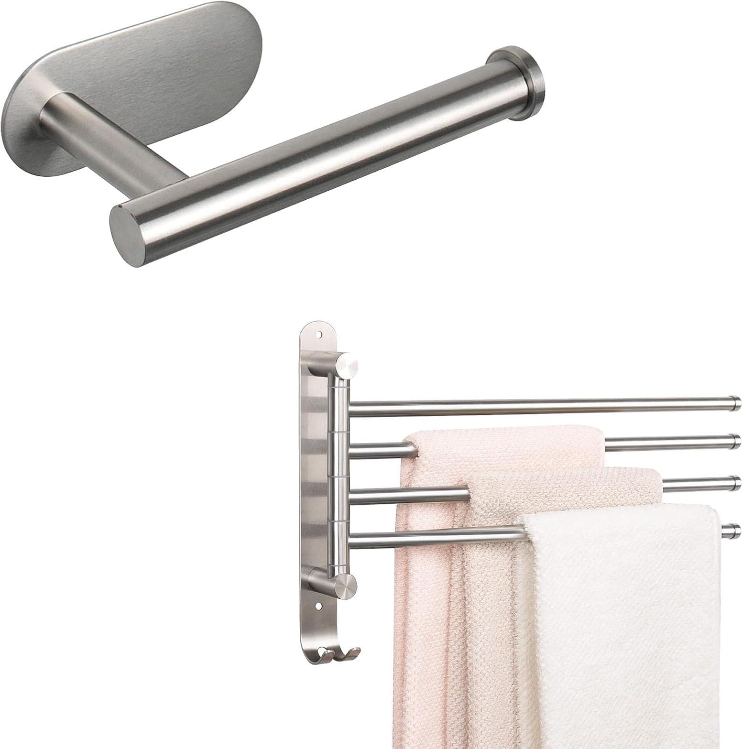 NearMoon Toilet Paper Holder Self Adhesive + Swivel Towel Rack，Premium 304 Stainless Steel Rustproof Toilet Roll Holder no Drilling and Towel Holder with Hook for Bathroom, Washroom (Brushed Nickel)