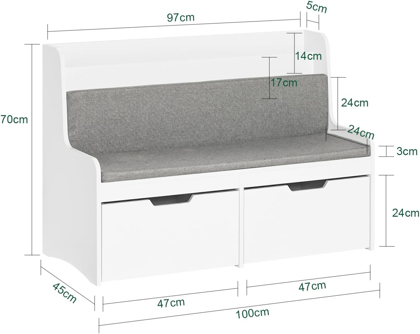 Diagram showing detailed dimensions of the SoBuy KMB66-W Children's Storage Bench and Bookcase