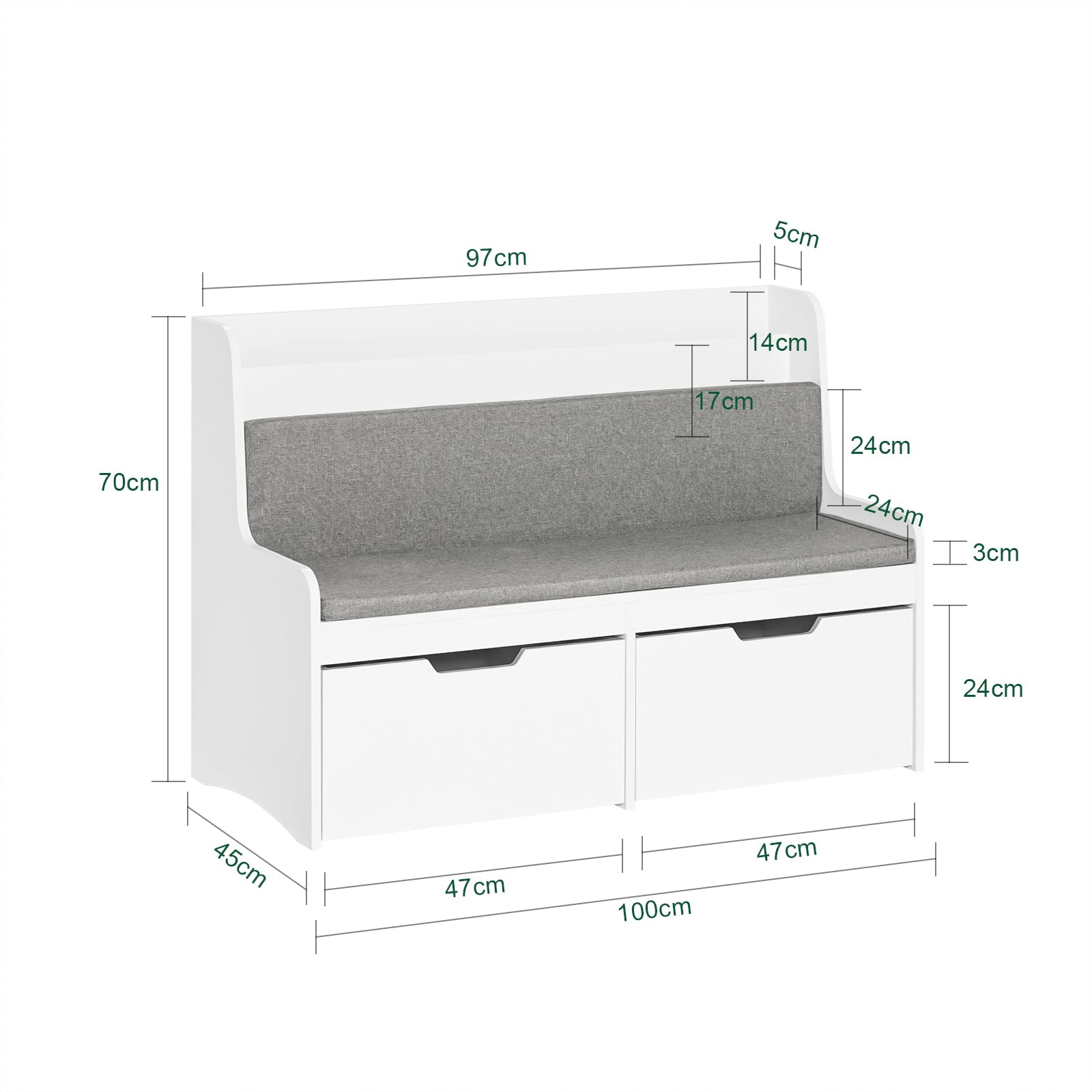 SoBuy Coffre de Rangement Enfants, Banc de Rangement pour Enfants avec Bibliothèque, 2 Tiroirs sur roulettes et Coussin d'assise, 100 x 45 x 70 cm, Blanc, KMB66-W