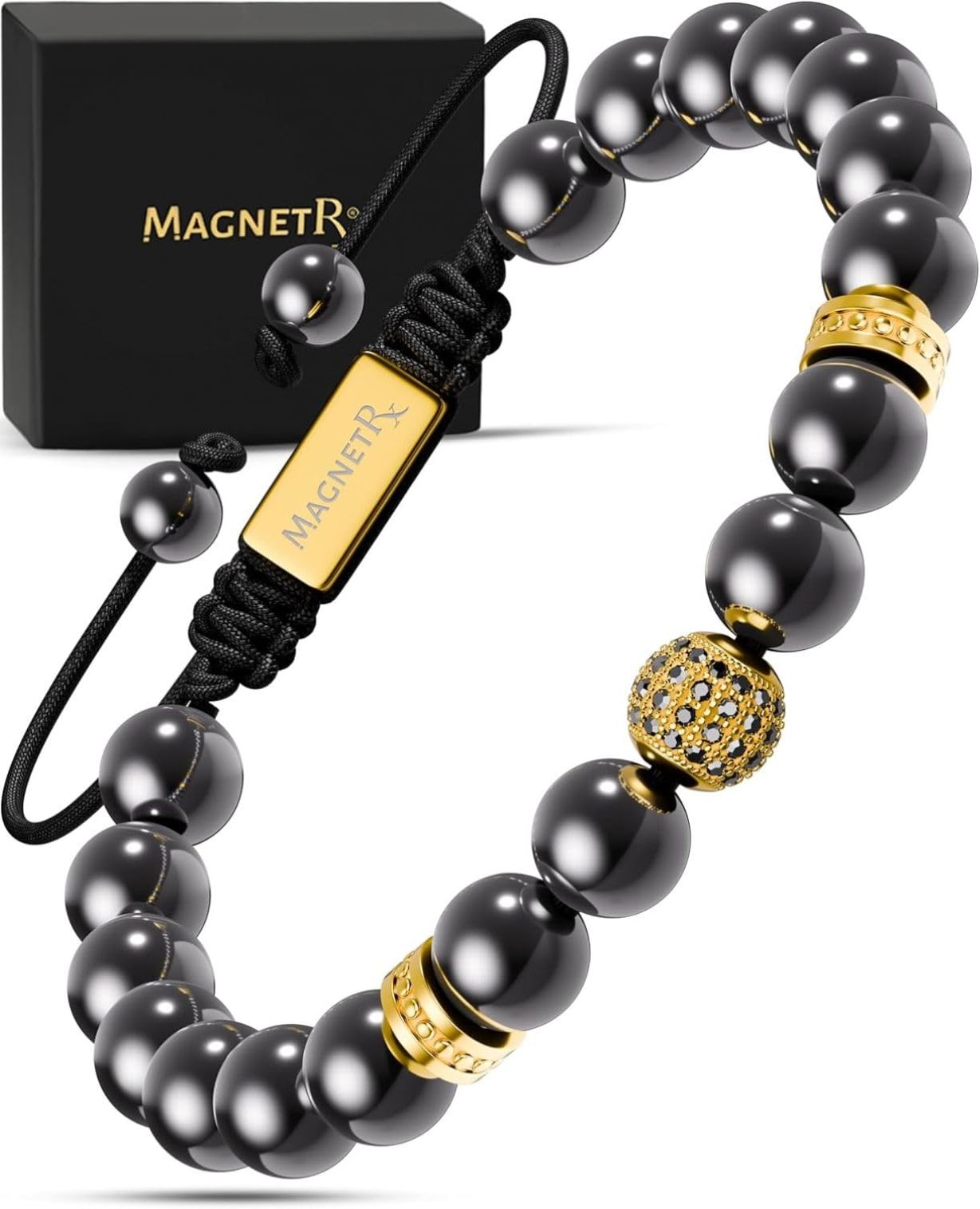 MagnetRX® Bracelet En Hématite Perlé Unisexe - Bijou Aimanté En Pierres Naturelles Hematite 8mm Méditation - Longueur Réglable (Perle Zeus dorée de 8 mm)