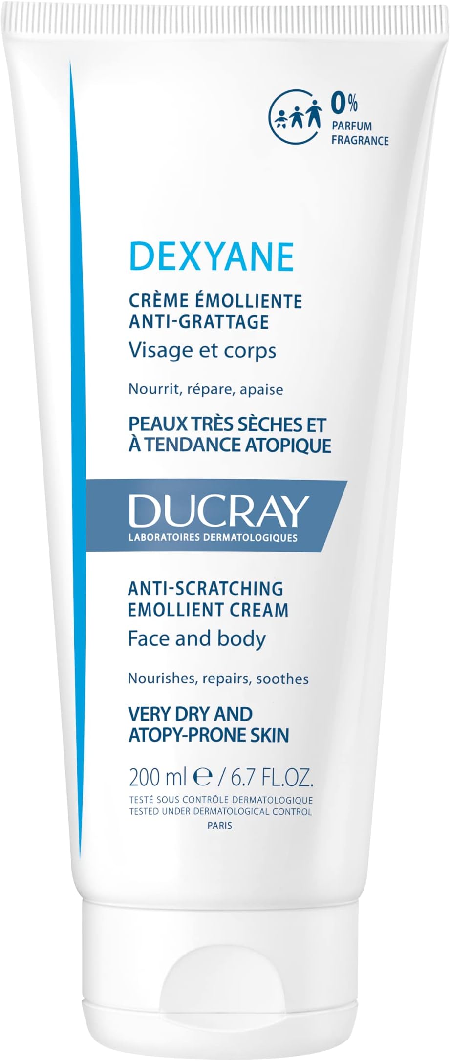 Ducray Dexyane Anti-Scratching Emollient Cream - Daily Face and Body Care for Very Dry and Atopy-Prone Skin - Fragrance-Free, Non Comedogenic, High Tolerance formula - 200ml Pump Bottle