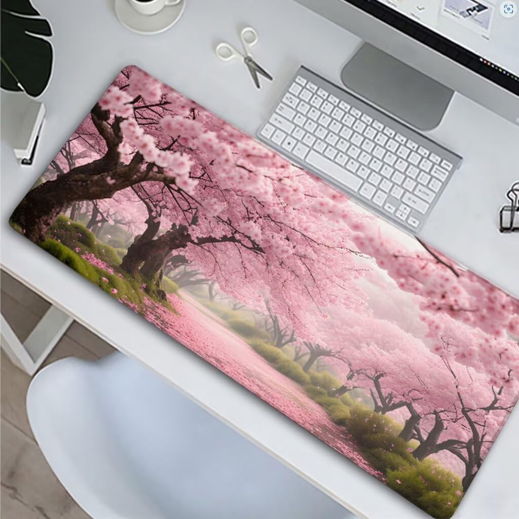Różowa podkładka pod mysz Duża podkładka na biurko 1400 x 600 x 3 mm, wodoodporna podkładka pod mysz kwiaty wiśni podkładka pod mysz do gier z zszytymi krawędziami, podkładka pod mysz z antypoślizgową