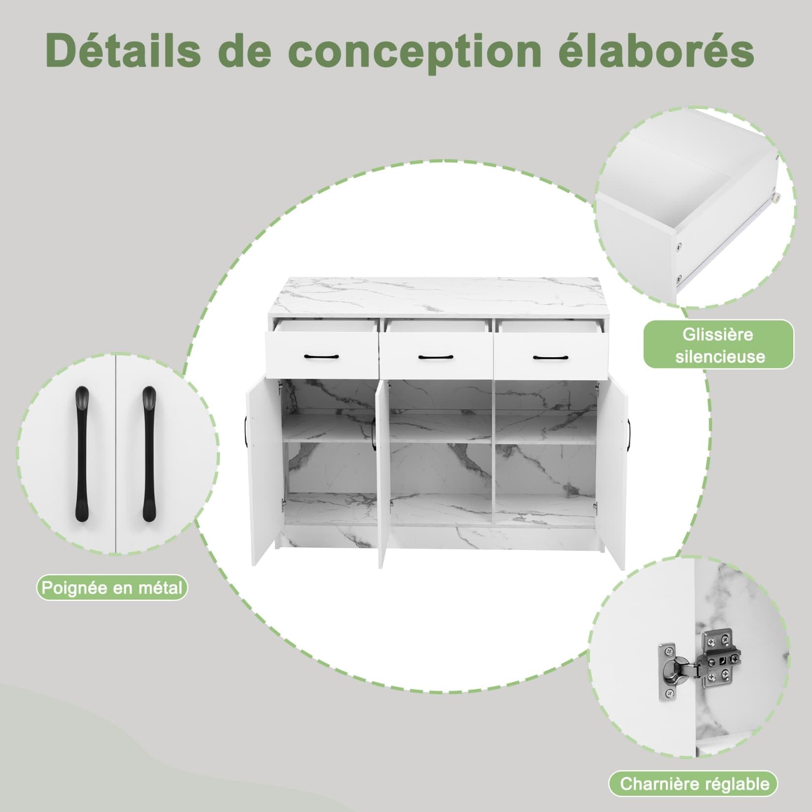 PUGSDRLY Îlot Central Cuisine au Design Marbré avec Table Bar,Étagères Réglables,3 Tiroirs Silencieux,Buffet Meuble Cuisine pour Salon et Salles à Manger (D- Marbre Blanc)