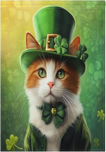 Bandera de bienvenida para el día de San Patricio con diseño de gato trébol del día de San Patricio banderas de patio grandes verticales de doble