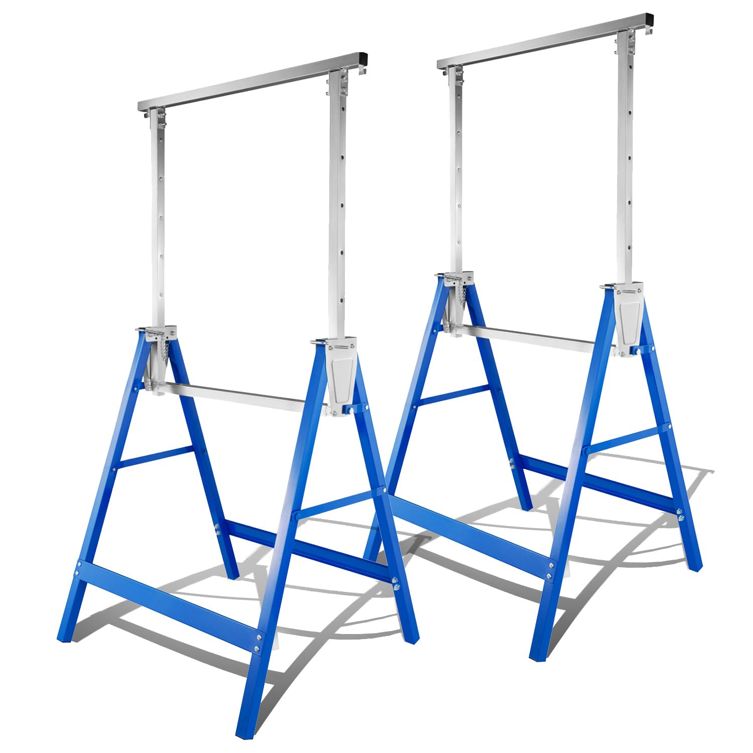 2 caballete plegable para andamios, capacidad de carga de 400 kg, 7 alturas, altura regulable de 80 a 130 cm, con gancho de sujeción, caballete telescópico de metal, color azul