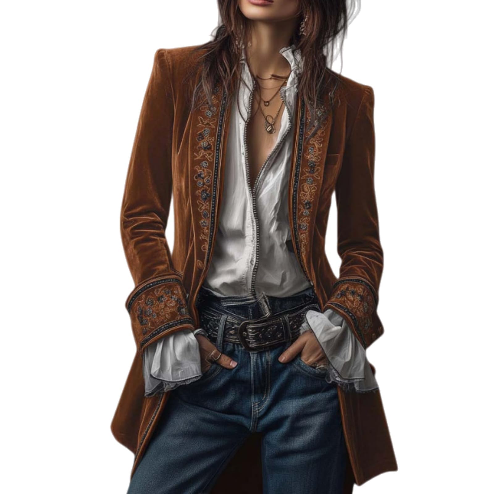 Womens Vintage Embroidered Velvet Blazer Jacket Open Front Long Sleeve Jacket Elegant Slim Fit Gothic Outerwear