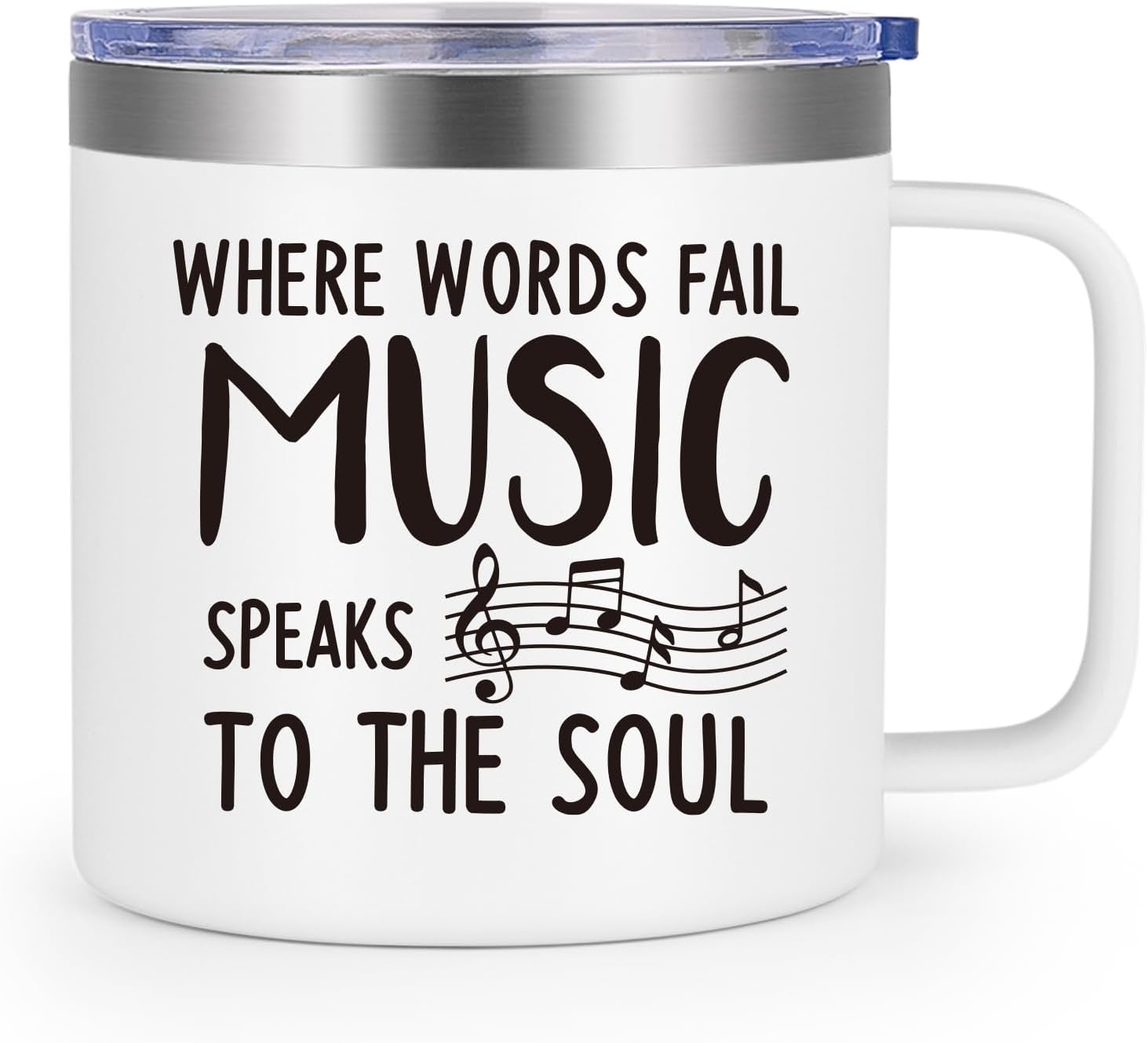 LiqCoolMusic Teacher Gifts, Where Words Fall Music Speaks to The Soul 14 Oz Insulated Coffee Mug, Music Gifts for Men Women, Cool Gifts for Music Lovers Friends Musicians (White)