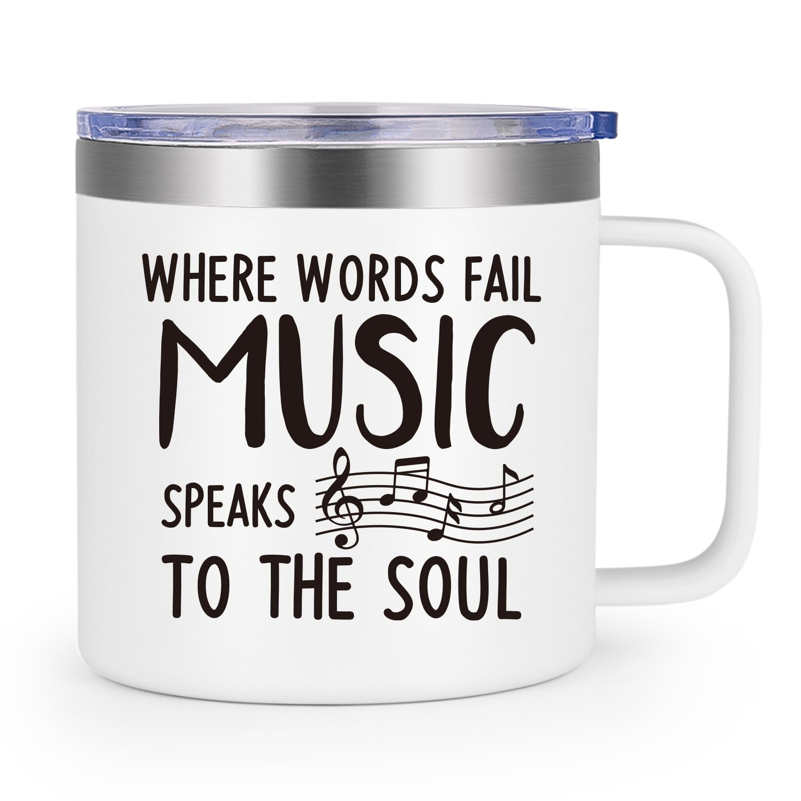 LiqCoolMusic Teacher Gifts, Where Words Fall Music Speaks to The Soul 14 Oz Insulated Coffee Mug, Music Gifts for Men Women, Cool Gifts for Music Lovers Friends Musicians (White)
