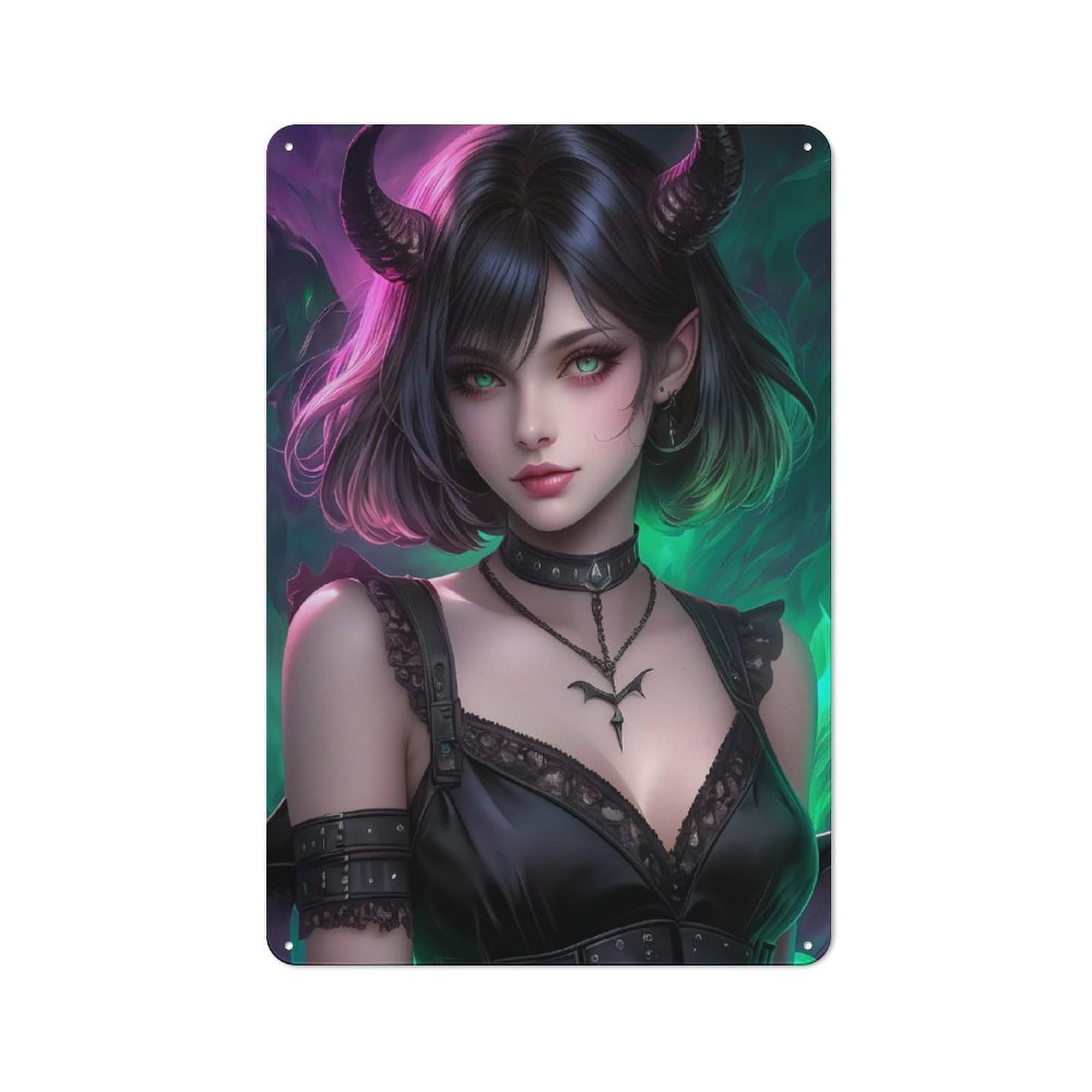 Decorative Metal Plaque with Demon Girl with Green Eyes Design 30x20cm, Modern Retro Studio Wall Art for Workspace, Cafe, Hallway Or Garage