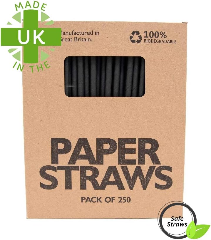 Black Paper Straws, 250 Pack – High Quality Long Lasting - Eco Biodegradable Drinking Straw – Hen, Stag, Birthday Party, Wedding, Events
