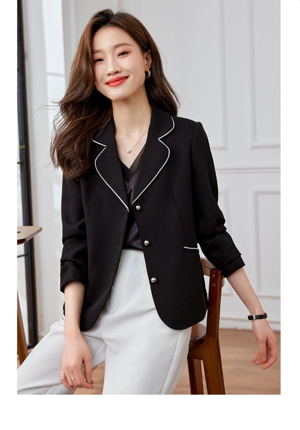 Anzug Damen,Kurzer Damen-Blazer, Langärmelig, Gekerbtes Revers, Kontrast-Anzugjacke, Eleganter Bolero-Cardigan, Schwarzer Knopf-Taschenmantel, Lässiger Abend-Anzug, Business-Blazer-Anzug