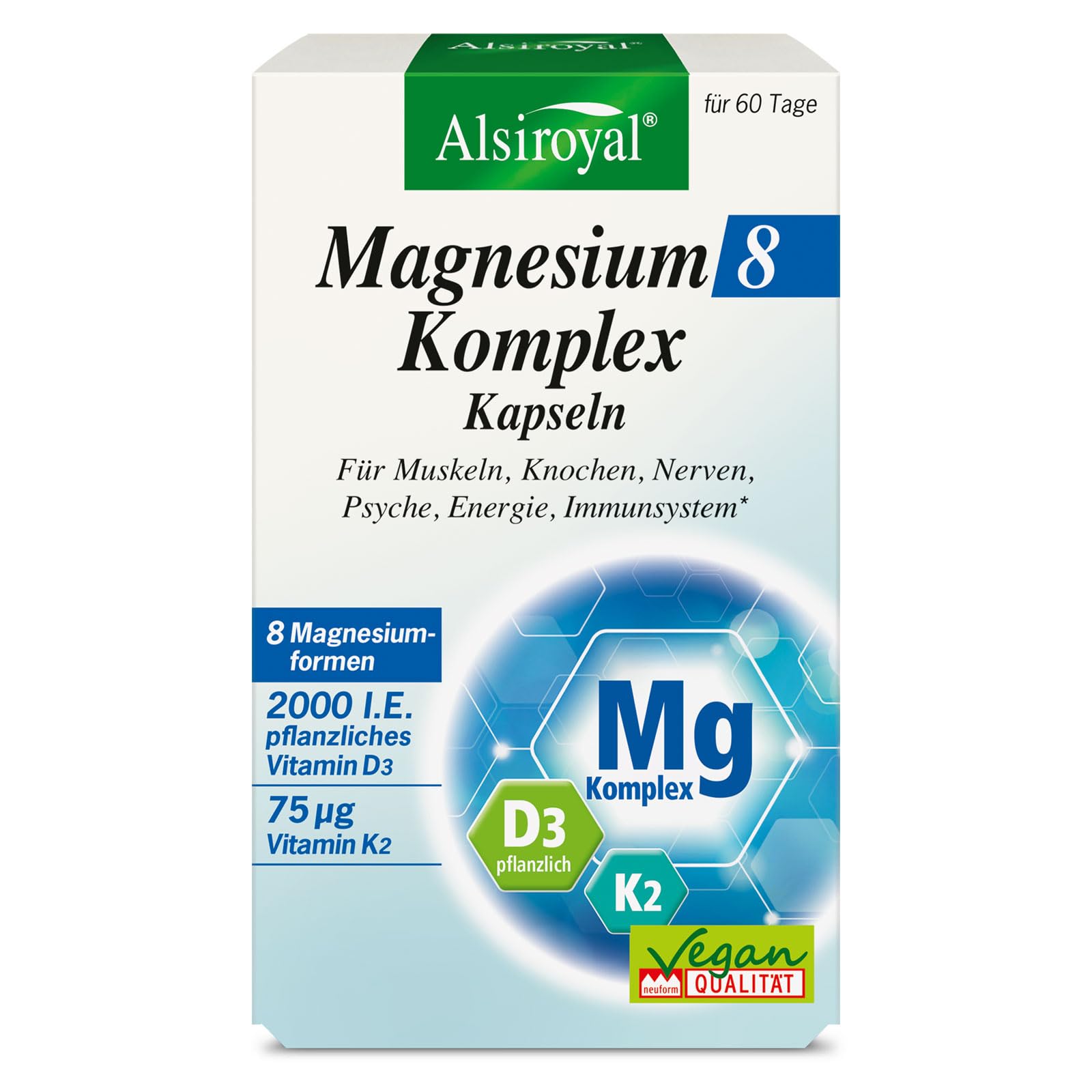 Alsiroyal Magnesium 8 Komplex Kapseln · 375 mg aus 8 Formen · mit D3 + K2