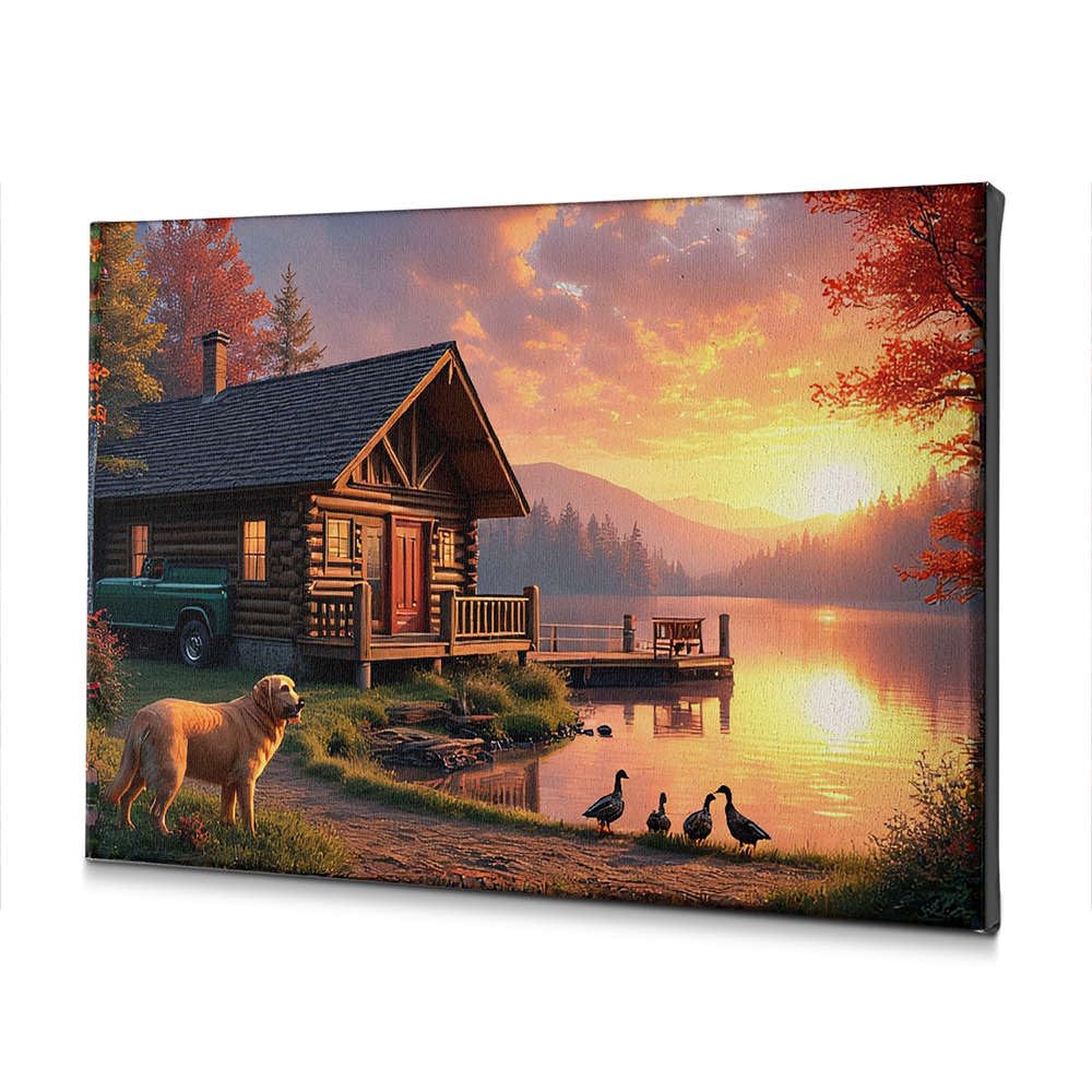 Toile cabane en rondins au bord du lac avec impression haute définition sur châssis robuste 40x60
