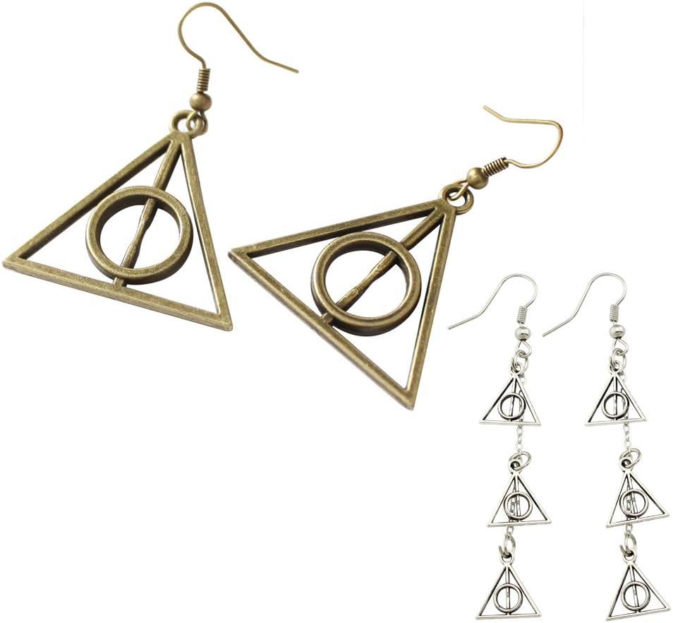 ELBLUVF Handmade Harry Potter Deathly Hallows Dangle Earrings (Bronze)