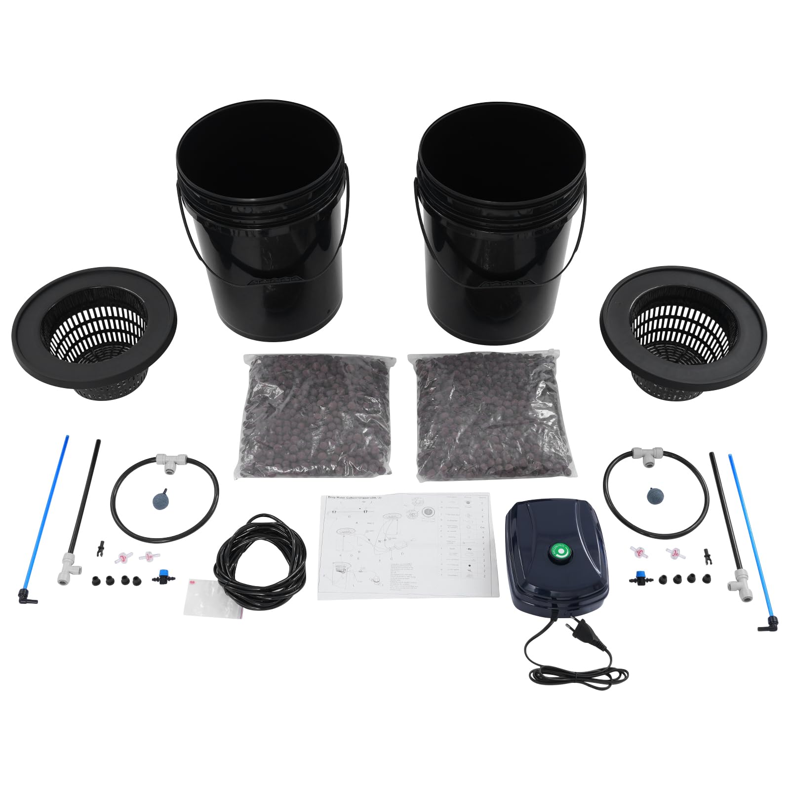 DWC Hydroponics Grow System - Sistema de cultivo hidropónico con 2 cubos + bomba de aire de 12 W para verduras y flores