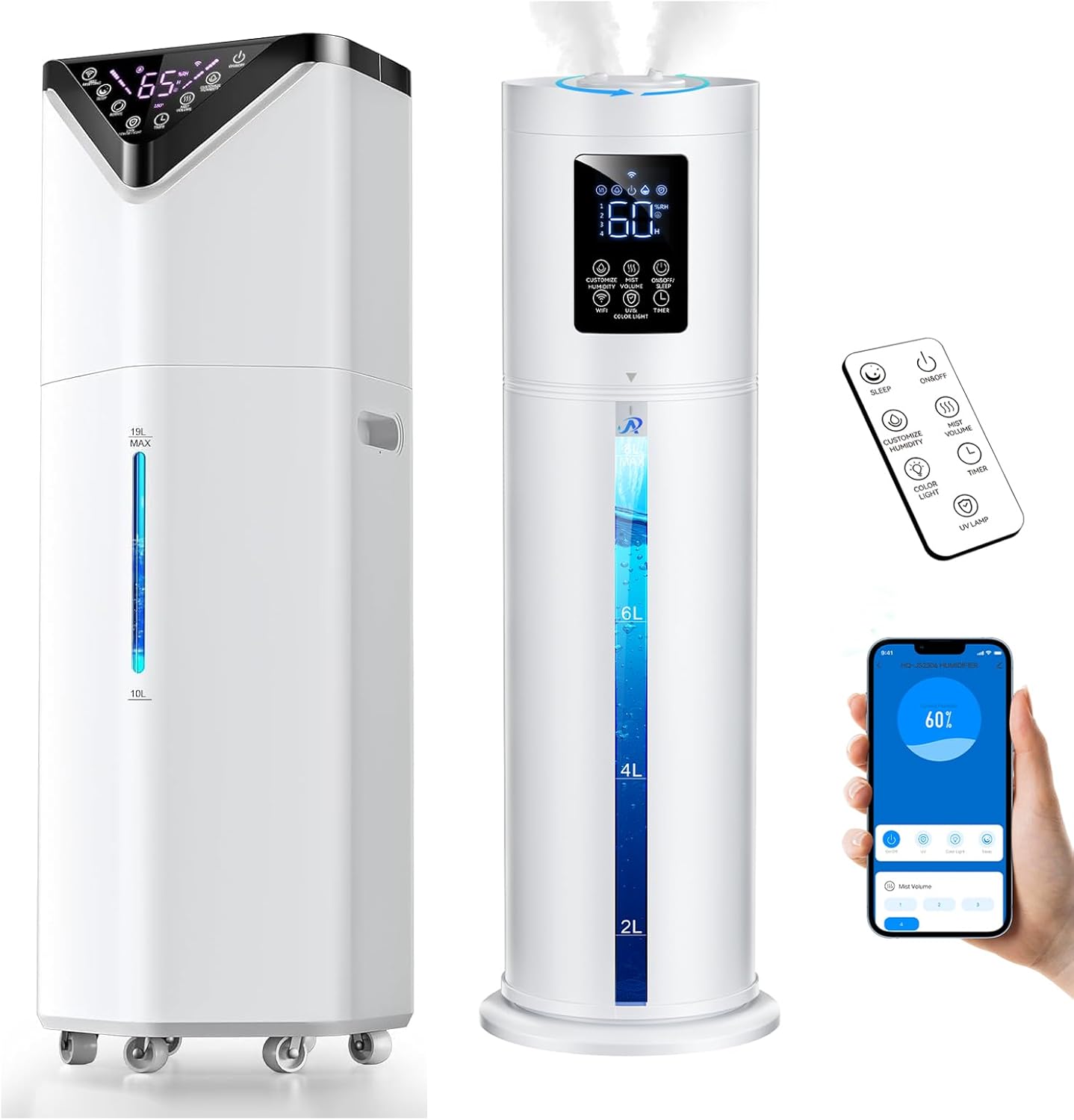 19L Large Humidifiers for Bedroom 2000 sq ft + 8L Humidifier Large Room, 7 Color Ambient Lights, Timer, APP & Remote Control, Air Humidifier for Plants Home Office