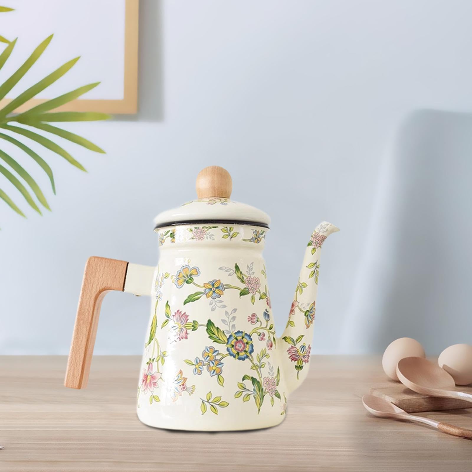 perfk Emaille-Kaffeekanne, Wasserkocher, Emaille, für Zuhause, Tee, dick, 1,2 l, Wasserkocher mit losen Blättern, für den Außenbereich, Vintage-Design,