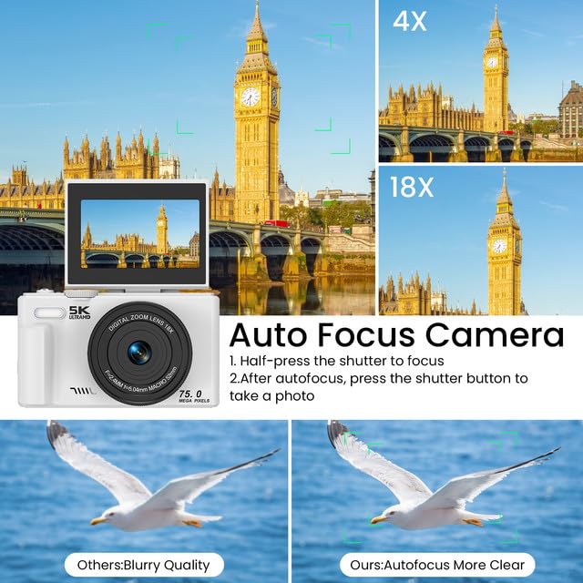 LAMA Digitalkamera, Mini Digitalkameras 5K 75MP Fotokamera mit 64G SD-Karte, Kompaktkamera 3,0 Zoll 180° Flip-Screen 18X Zoom Digital Kamera, Fotokamera für Kinder Teenager Anfänger (Weiß)
