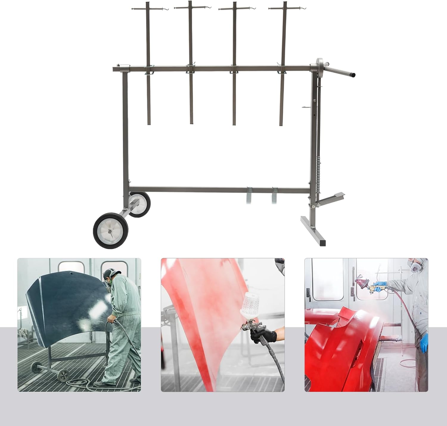 Auto Body Stand with 2 Wheels, Auto Body Paint Stand Rack w/ 4 Hooks Tree Painting Rack Universal Rotating Holder Fender Paint Rack for Automotive Cargo Doors