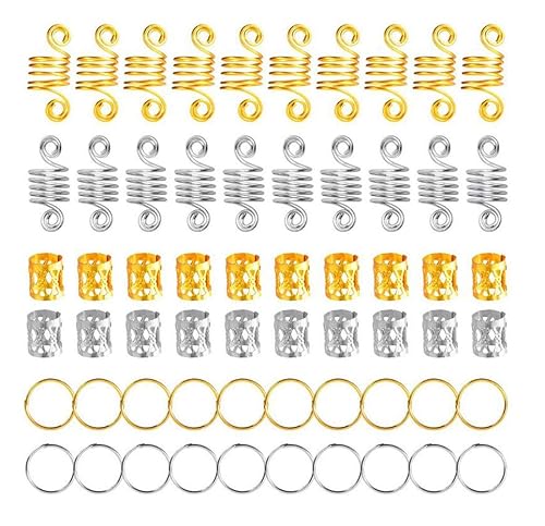 60 piezas de accesorios metálicos para el cabello de estilo surtido, anillos para puños, cuentas de bobina, botones de rastas, decoraciones de