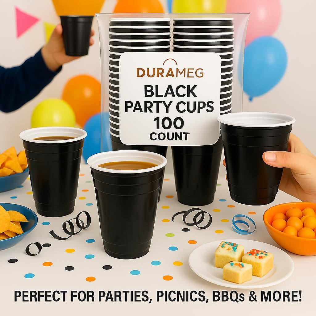 Black Disposable Plastic 16 oz. Cups [100 Pack] - Durable Fun Pong Cups for Water, Beer, Smoothie Games