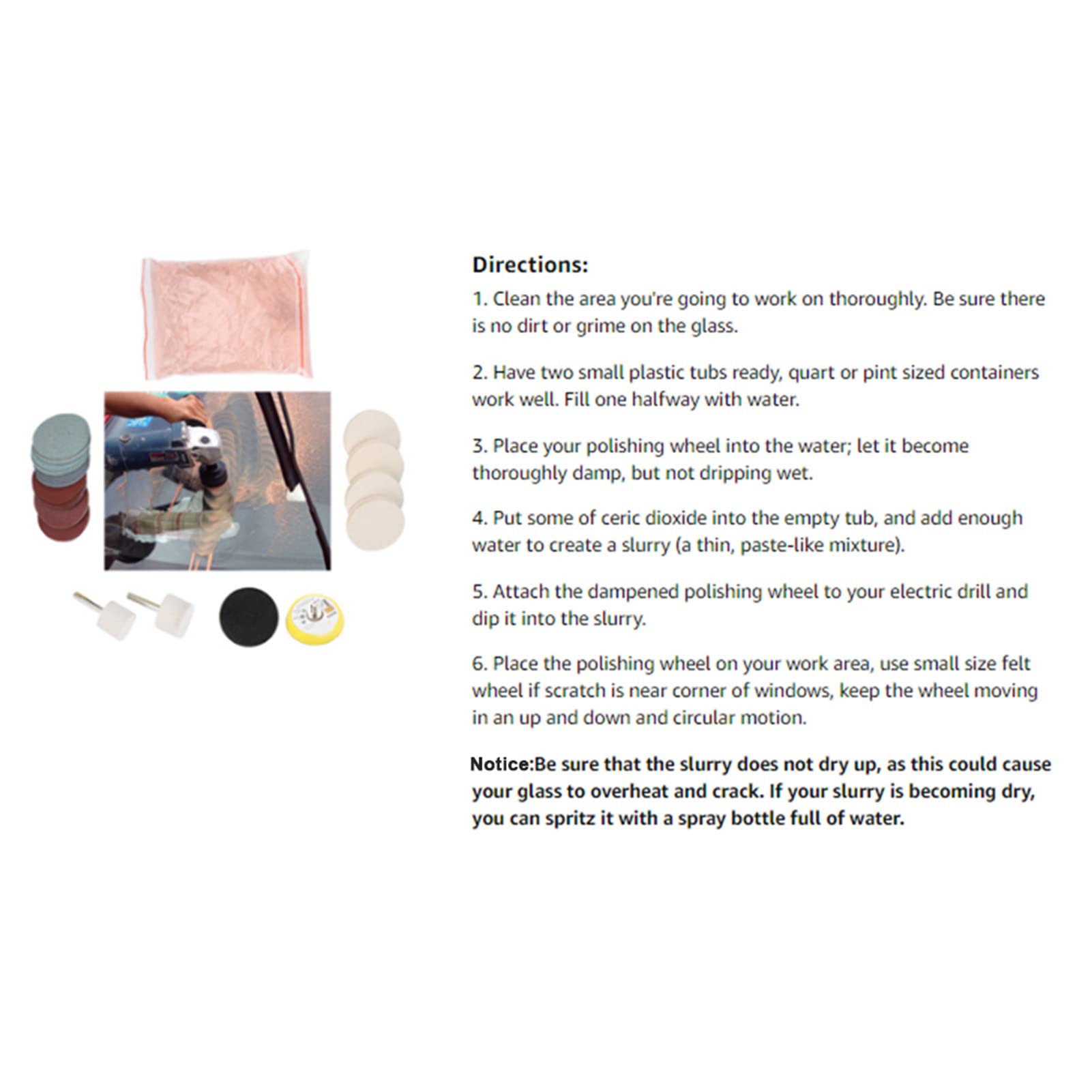 Kit de Pulido de Vidrio, Kit de Bricolaje para Pulir Vidrio y Parabrisas, Juego de Eliminación de Rayones de Papel de Lija Discos Abrasivos de Dióxido Ceric Almohadilla de Pulido