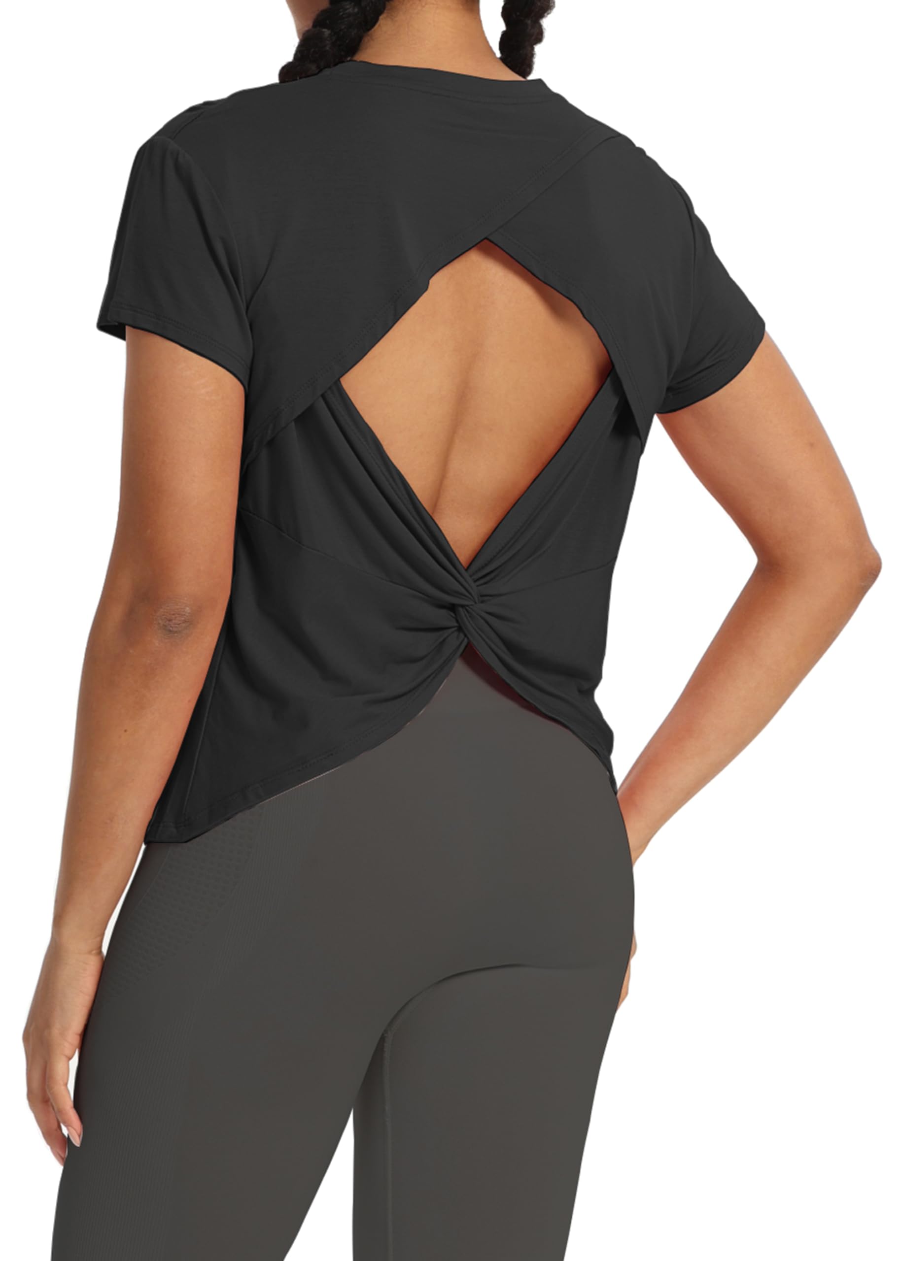 Bestisun Backless Workout Athletic Shirts Short Sleeve Split Back Yoga Exercise Tops for Women