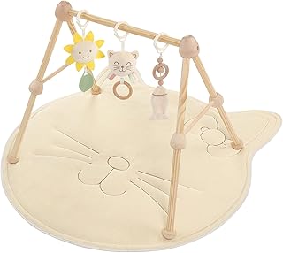 4 IN 1 Katze Spielbogen Baby, Spielmatte Babies mit Natur Holz Activity Spielbogen, 3 abnehmbaren Spielzeugen zum Greifen, für ab 0-3-6-12-36 Monaten