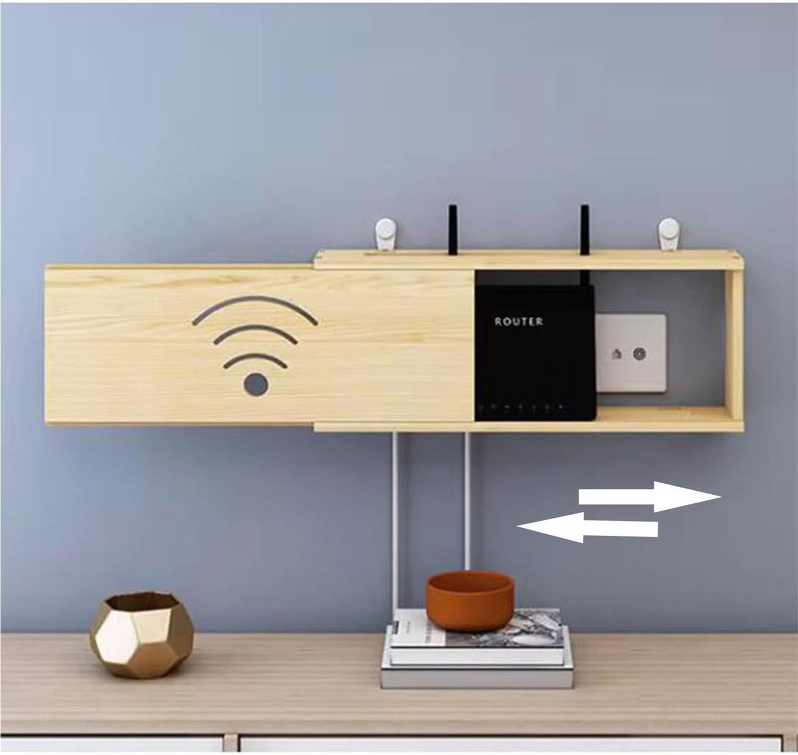 Półka Ścienna Na Router, Drewniany Organizer Na Kable, Bezinwazyjna Półka Na Router WiFi, TV Box I Modem(C,80cm)