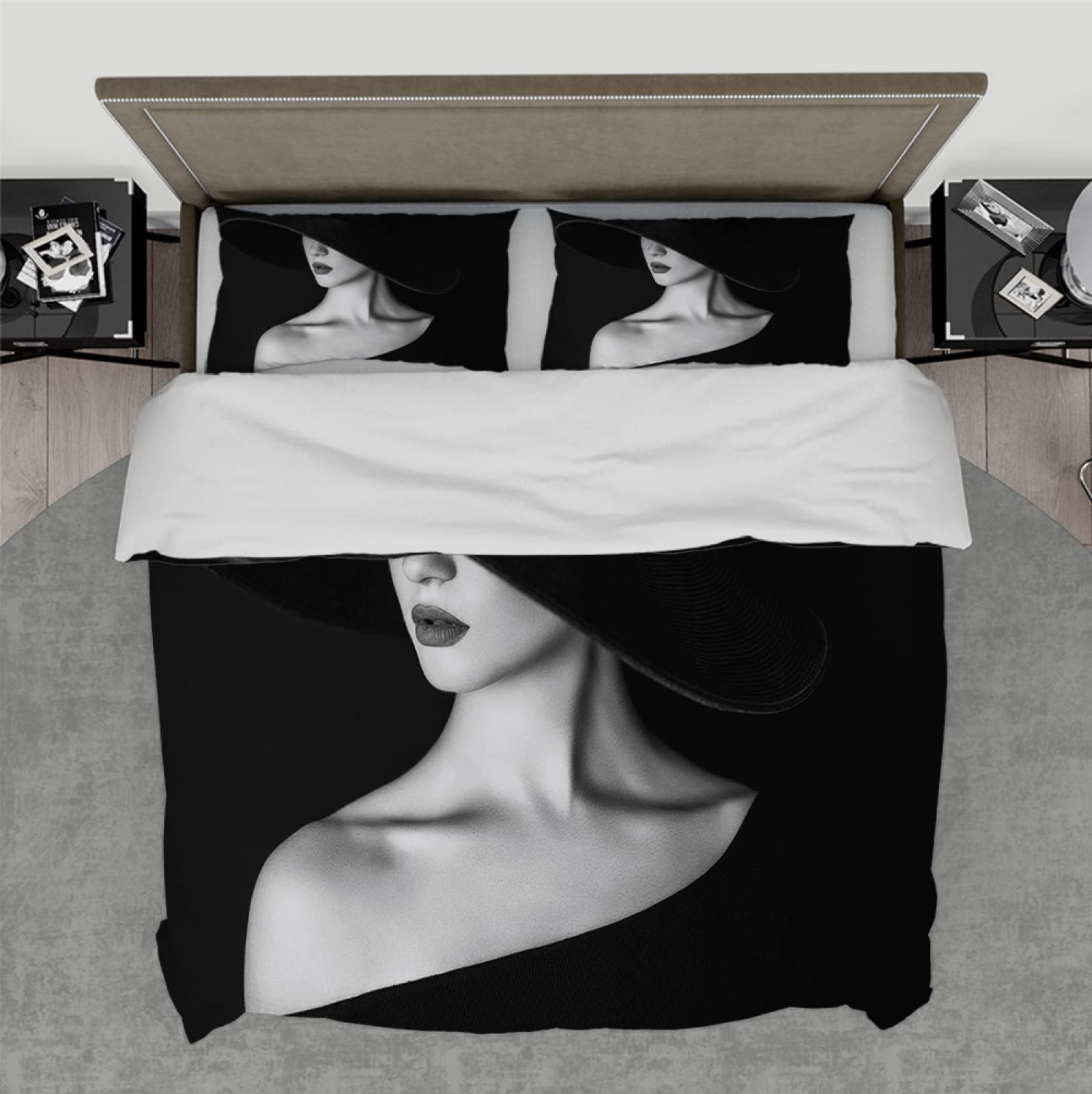 HengYun ARTHengYun ART Black and White Duvet Cover Set the Woman in the Hat 3 Pieces Luxury Soft Bedding Set with Hidden Zipper for Woman Girl Bedroom Decor Emperor