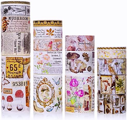 MIANRUII 18 Rolls Vintage Washi Tape Set 75/50/30/25/20/15/10/5mm Wide Butterfly Flower Mushroom Letter Antique Decorative Retro Masking Tape for Scrapbooking Supplies Kids Scrapbooks Planners