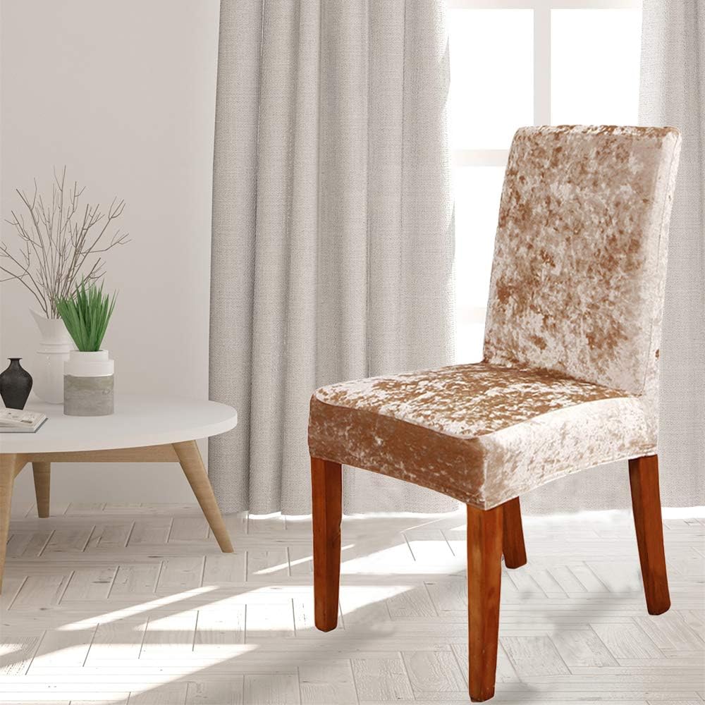MIFXIN Dining Chair Covers Crushed Velvet Stretch Chair Slipcover Elastic Removable Washable Chair Protective Seat Cover for Dining Room Hotel Wedding Banquet Party Decoration (6 Pack, Champagne)