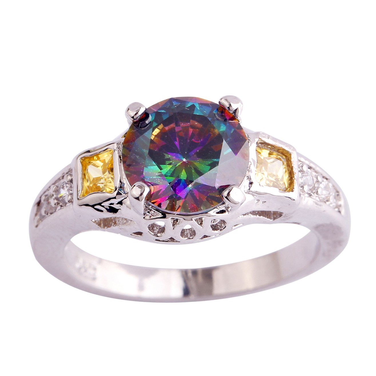 Emsione 925 Silver Plated Created Rainbow Topaz Womens Ring