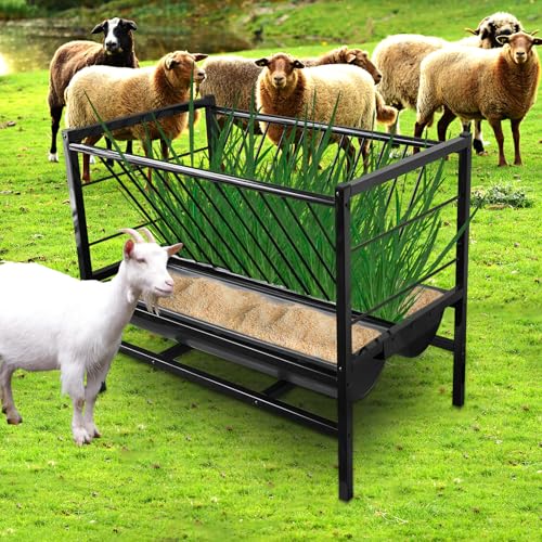 MUALROUS Comederos De Cabra 2 En 1 para Comederos Minerales para Ganado con Acero Metálico y Bandeja De Alimentación Más Profunda para Cabras, Ovejas, Caballos, Burros y Cobertizos para Ovejas
