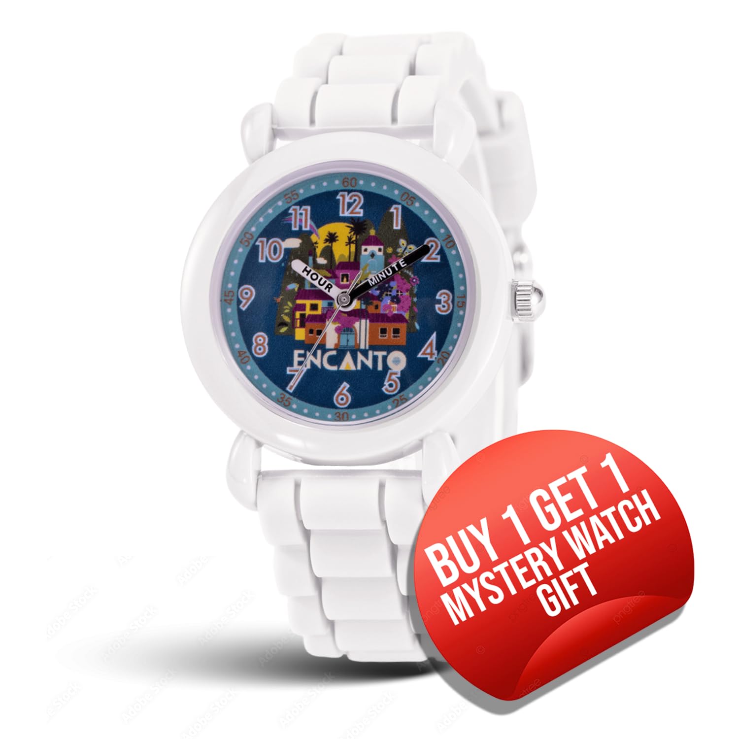 Disney Reloj Encanto para niños de 3 a 7 años con esfera clásica de personajes, regalo para niños que aman Encanto, cara fácil de leer, bisel blanco y correa de silicona blanca, compra y obtén 1 reloj