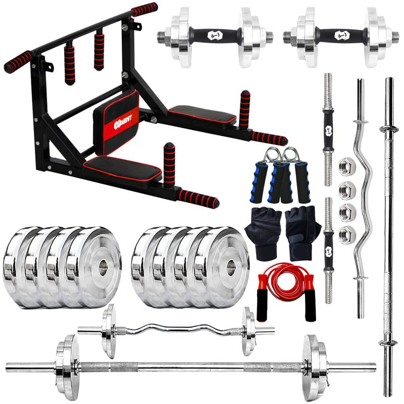 kenit 3 in 1 pull up bar with 50kg steel weight plates combo, heavy duty multifunctional dip station for wall mounting, 5ft plain rod, 3ft curl bar, dumbbell rod pair & accessories