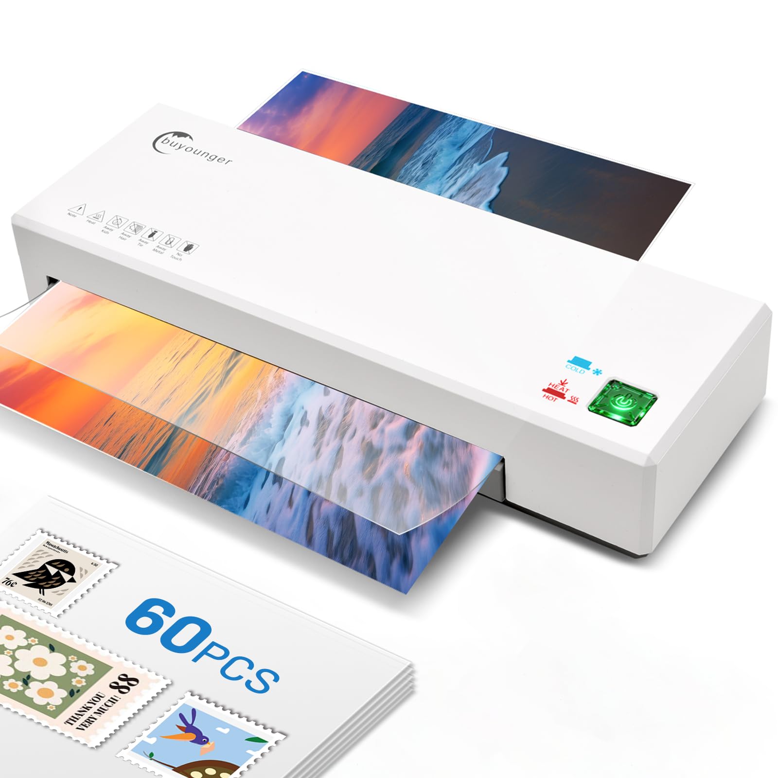 Buyounger Laminiermaschine mit 60 Laminierblättern, A4 Laminiergerät Thermo und Kälte, 9 Zoll Laminiermaschine für Zuhause Schule Büro