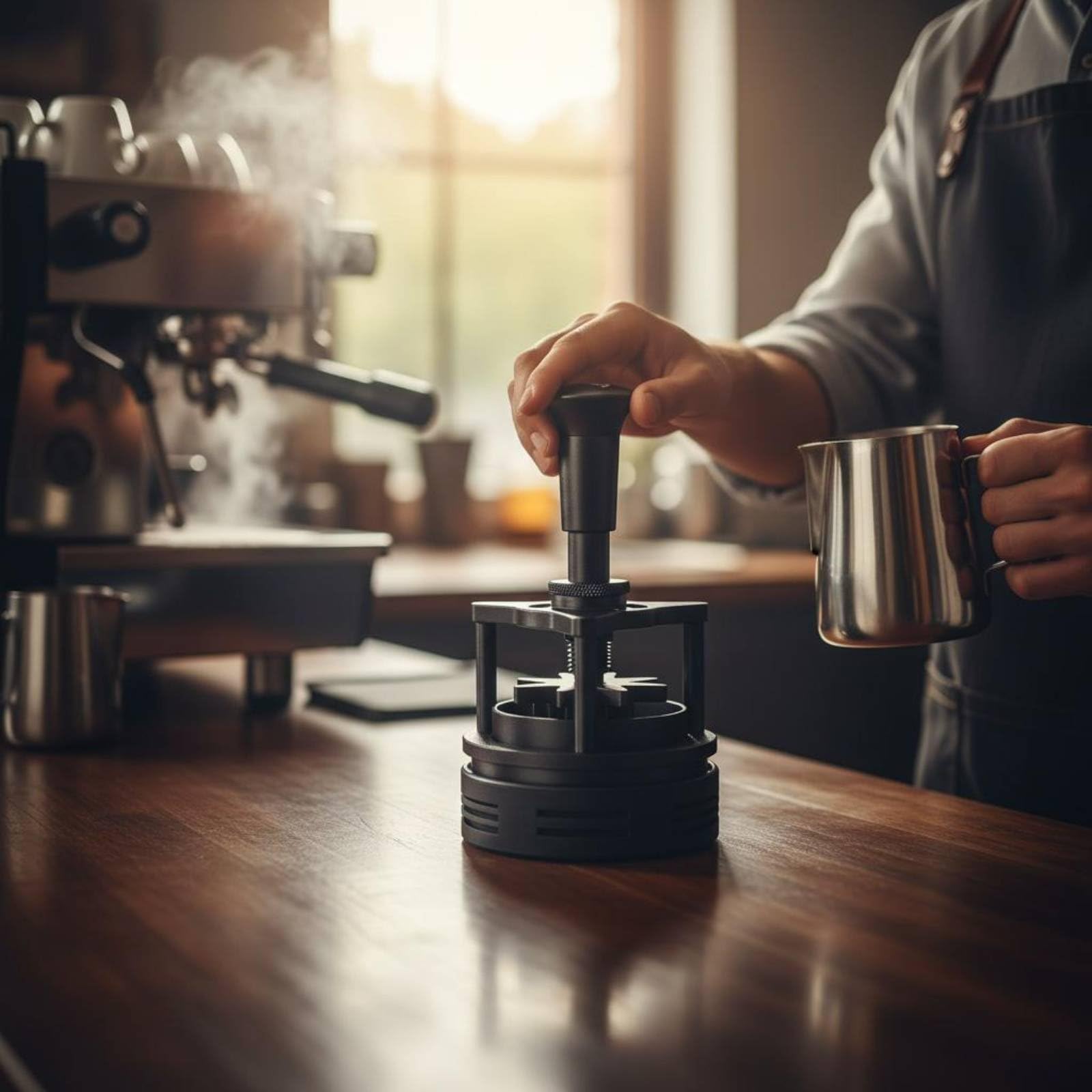 perfk Distributore Caffè Espresso Livellatore Macinato Strumento Rotante Imbuto Misuratore Meccanismo a Pressione con Rotazione Profondità Regolabile Adatto a Preparazione Espresso, 58MM