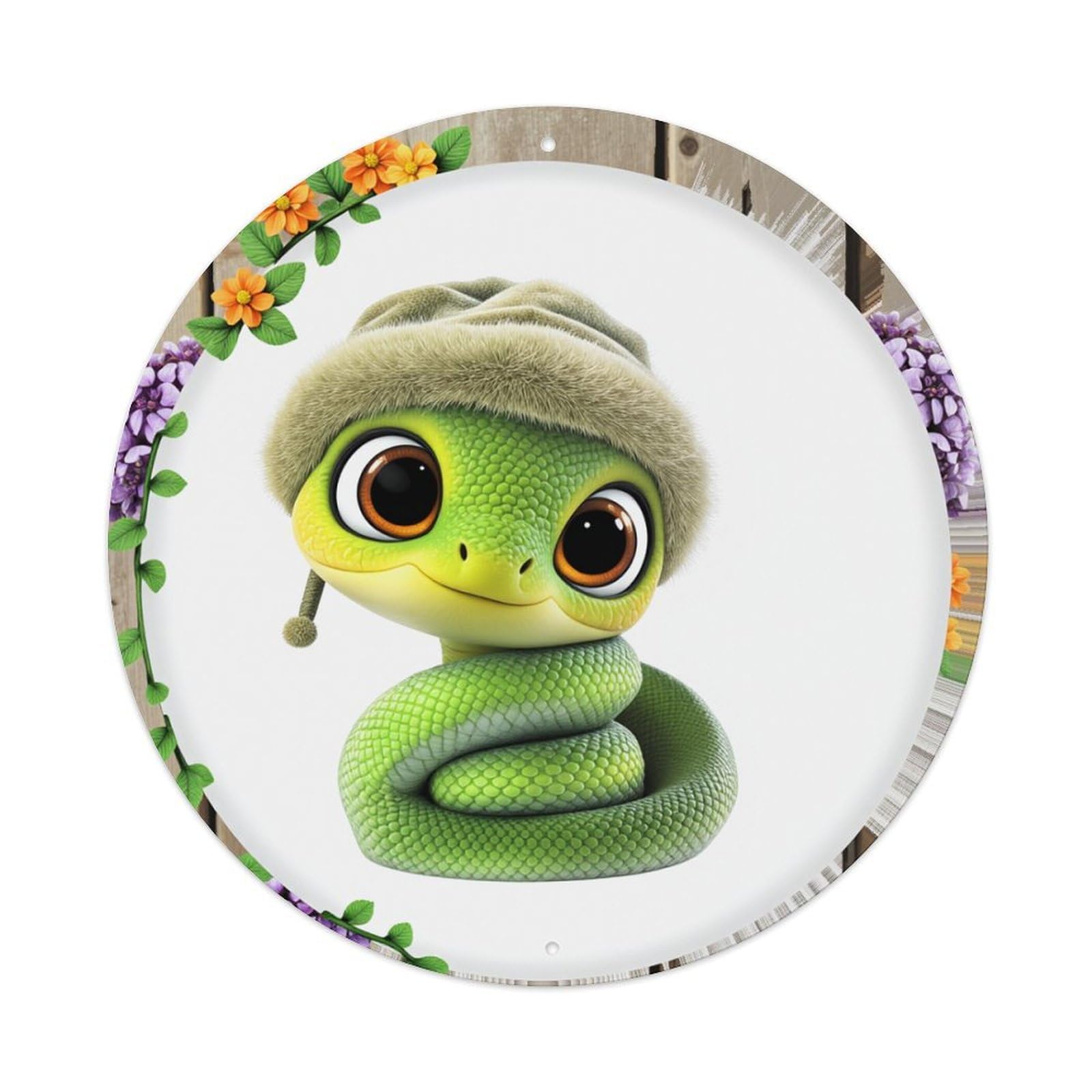 Cute Snake With Hat And Flowers Round Tin Sign Retro Metal Sign for Cafe Bar Pub Home Game Room Gym Club Wall Decoration Vintage Metal Poster 8x8 Inch